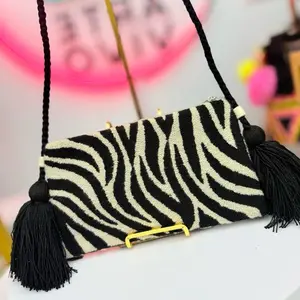 Zebra Print Handmade Crossbody Bag | Black & Cream Artisan Shoulder Bag with Tassels