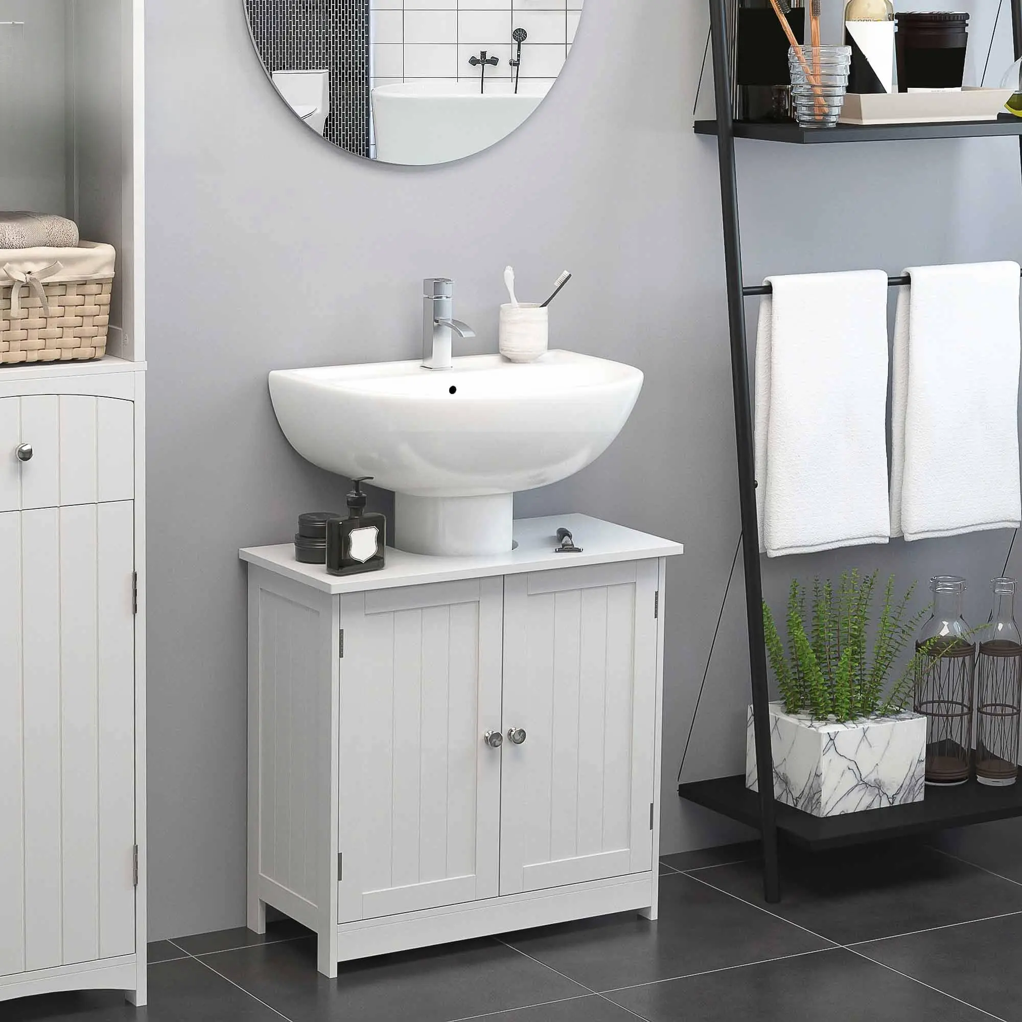 White Under-Sink Bathroom Storage Cabinet with 2 Doors and Shelf - Pedestal Sink Indoor Furniture Cupboard, Two Doors