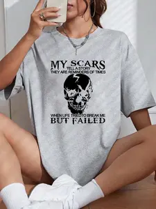 Women's Skull & Letter Print Round Neck Tee, Fashion Trendy Casual Drop Shoulder Short Sleeve T-shirt for Daily Wear, Ladies Clothes for All Seasons