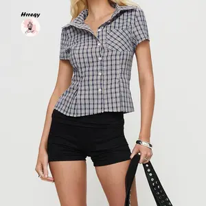 Women Plaid Shirt, Short Sleeve Button Closure Summer Tops Streetwear for Casual Daily