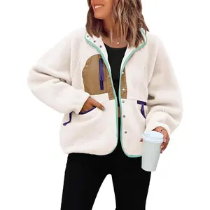 ReachMe Womens Sherpa Jacket Casual Lapel Button Down Cropped Fuzzy Fleece Jackets Long Sleeve Winter Coats with Pockets