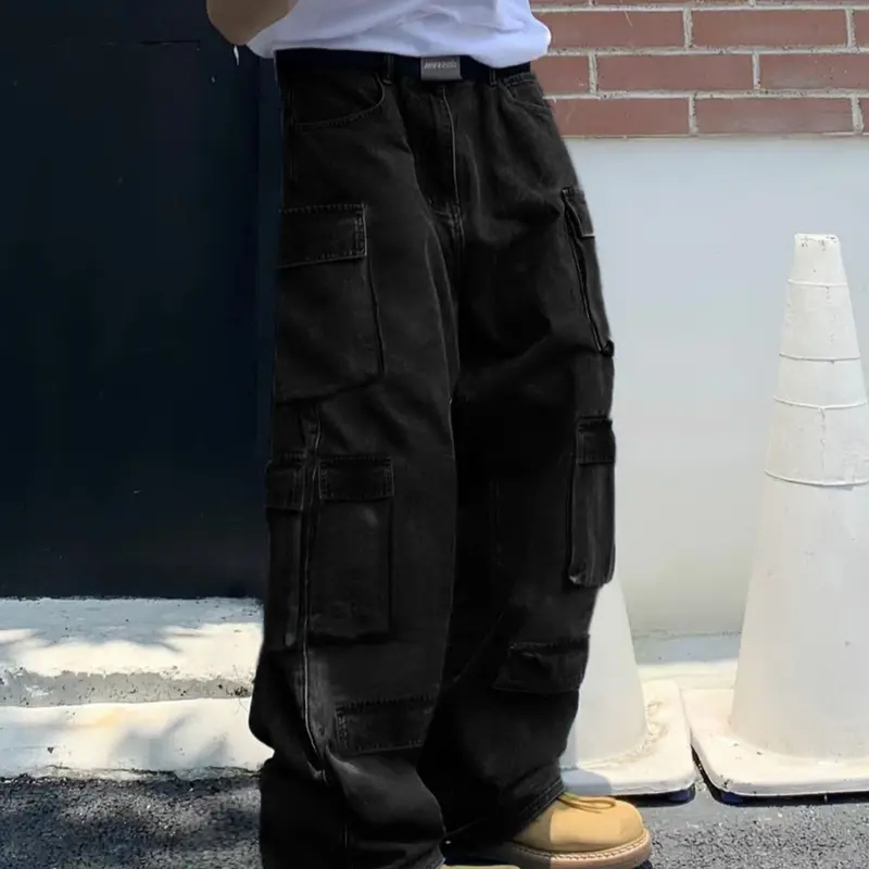 Men's Street Style Streetwear Washed Oversized Wide Leg Cargo Jeans, Loose Fit Street Fashion Casual Comfy Multi-pocket Plain Denim Pants for Daily Wear, Men's Trousers for All Seasons, Menswear