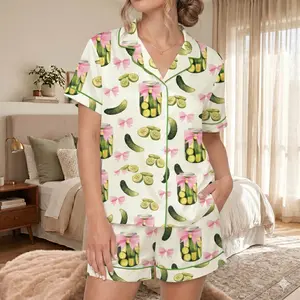 Coquette Pickle Girl Silky Satin Pajama Set For Women, Cute Cucumber Sleepwear, Pickle Lover Pajama Set with Pink Bows, Satin Pajama Pickle Lover Bow Nightwear Women Gift
