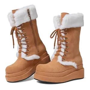 Fluffy Women Mid Calf Snow Boots Fashion Corduroy Snow Boots with Trim Round Toe Thick Sole Lace-Up Closure Rubber Sole Plush Insole Luxury Faux Furry Warm Punk Goth Christmas Boots Casual Winter Wear fur