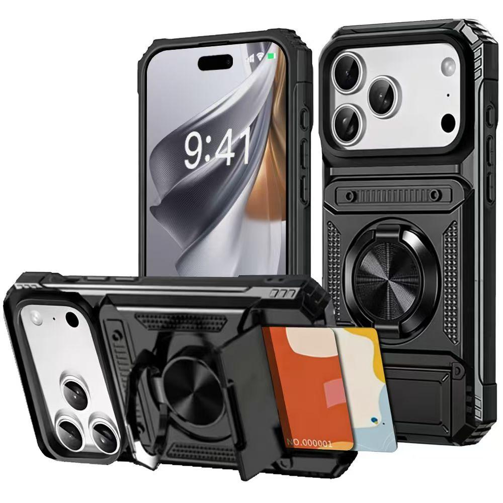 Trendy Heavy Duty Wallet Case for iPhone 11-17 Pro/Pro Max/Plus/Air | Card Holder, 360° Ring Kickstand, Shockproof Protective Bumper Cover iPhone Case Perfect Gift for Her/Him