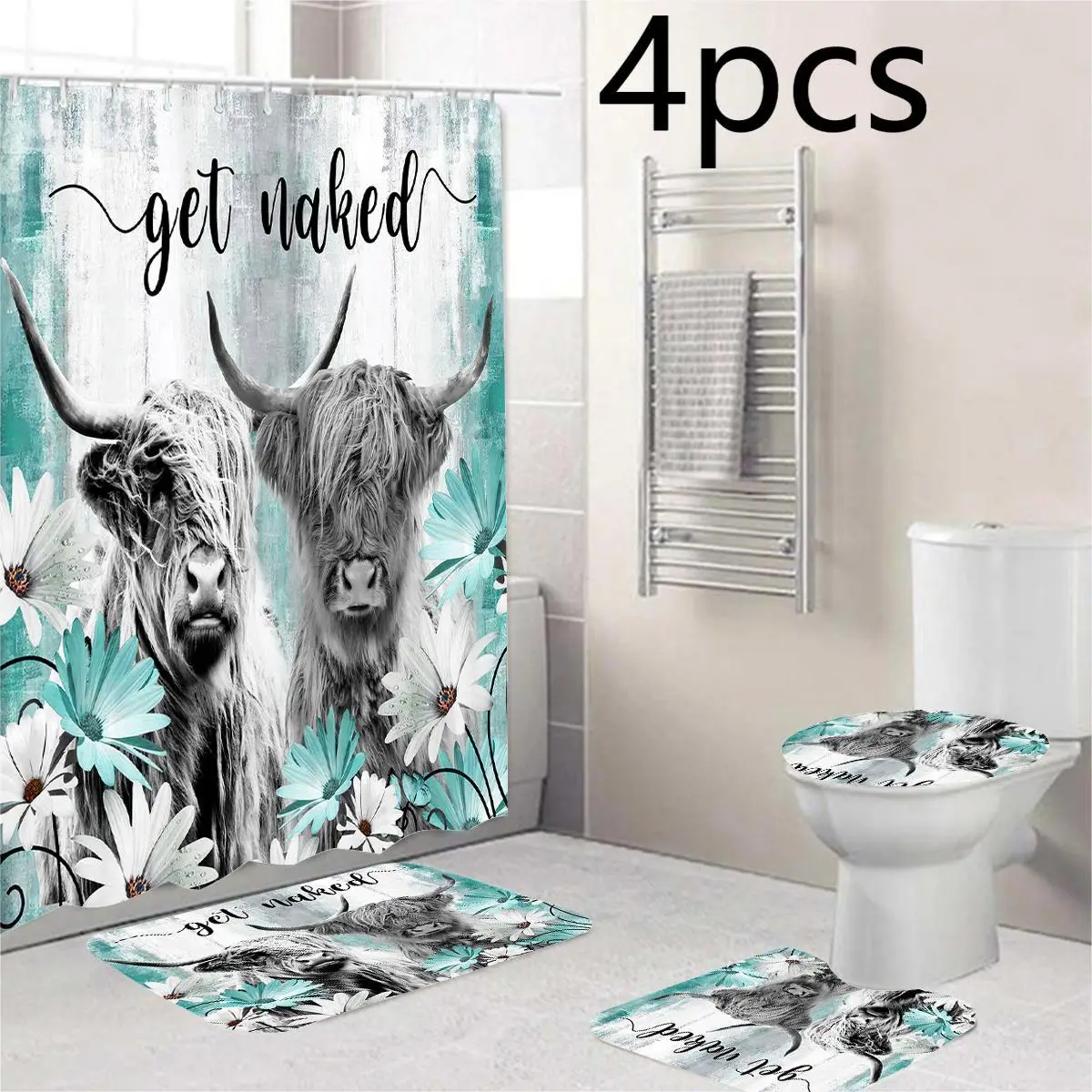 Room Decor Bathroom Decorations, 1 Count Flower & Cow Print Shower Curtain with Hook Or 4 Counts/set Shower Curtain & Toilet Mat Set, Bathroom Decor A