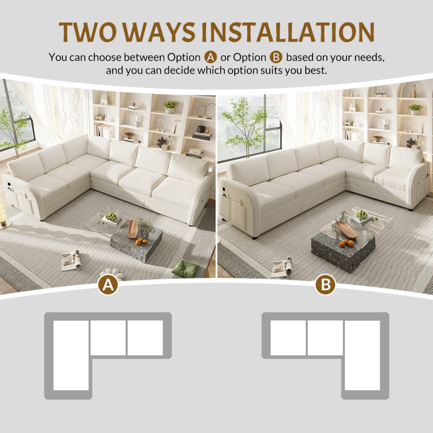 【3 Packages shipping】115.2" 6 Seat L-Shape Modular Couch with Pull-Out Bed,Oversize Convertible Sleeper Sofa with side Pocket & USB Port,Teddy Upholstered Sectional Couches,Convertible Sofa Lounge bed,For Apartment,Office,living room furniture