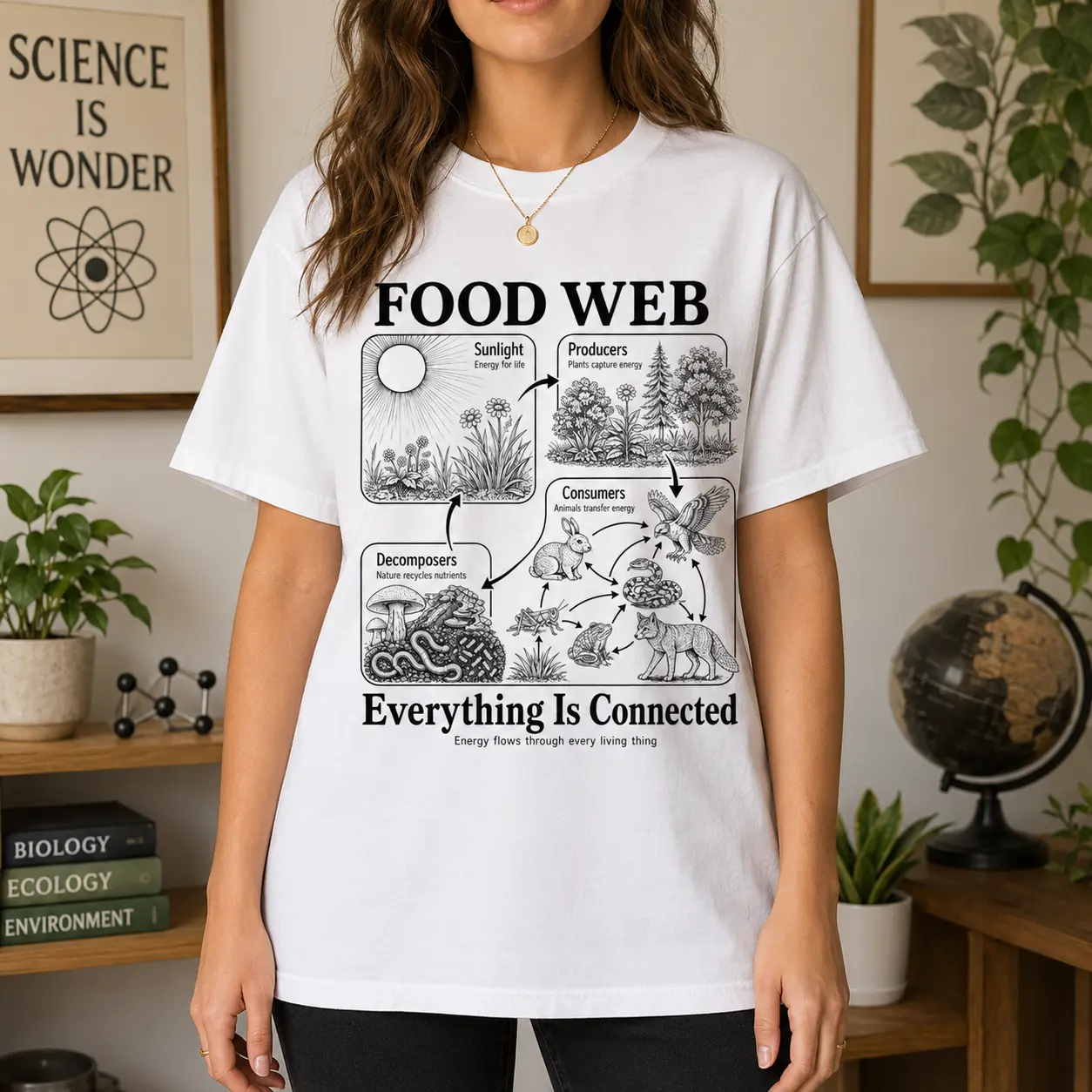 [100% Cotton] Food Web T-Shirt, Ecology Science Graphic Tee, Biology Teacher Shirt, Ecosystem Educational Tshirt, Nature Study Short Sleeve Shirt, Trendy Oversized Tee, Unisex Science Shirt for Women Men