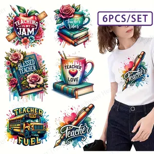 6pcs/set Vibrant Teacher'S Day Thermal Heat Transfer Stickers - DIY Washable Iron-On Patches with Realistic Printing Effects, Perfect for T-Shirts & Fabric Decor, Colorful Designs for Educators, Fabric Decoration | Imaginative Designs