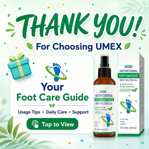 Thank-You & Care Card | Customer appreciation insert featuring usage tips for the foot deodorant, safety precautions, and after-sales support information.