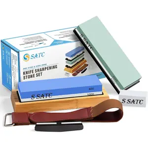 Knife Sharpening Stone Whetstone 4 Side Grit 400/1000 3000/8000 Stone with Nonslip Bases, Wood Base, Flattening Stone, and Strop