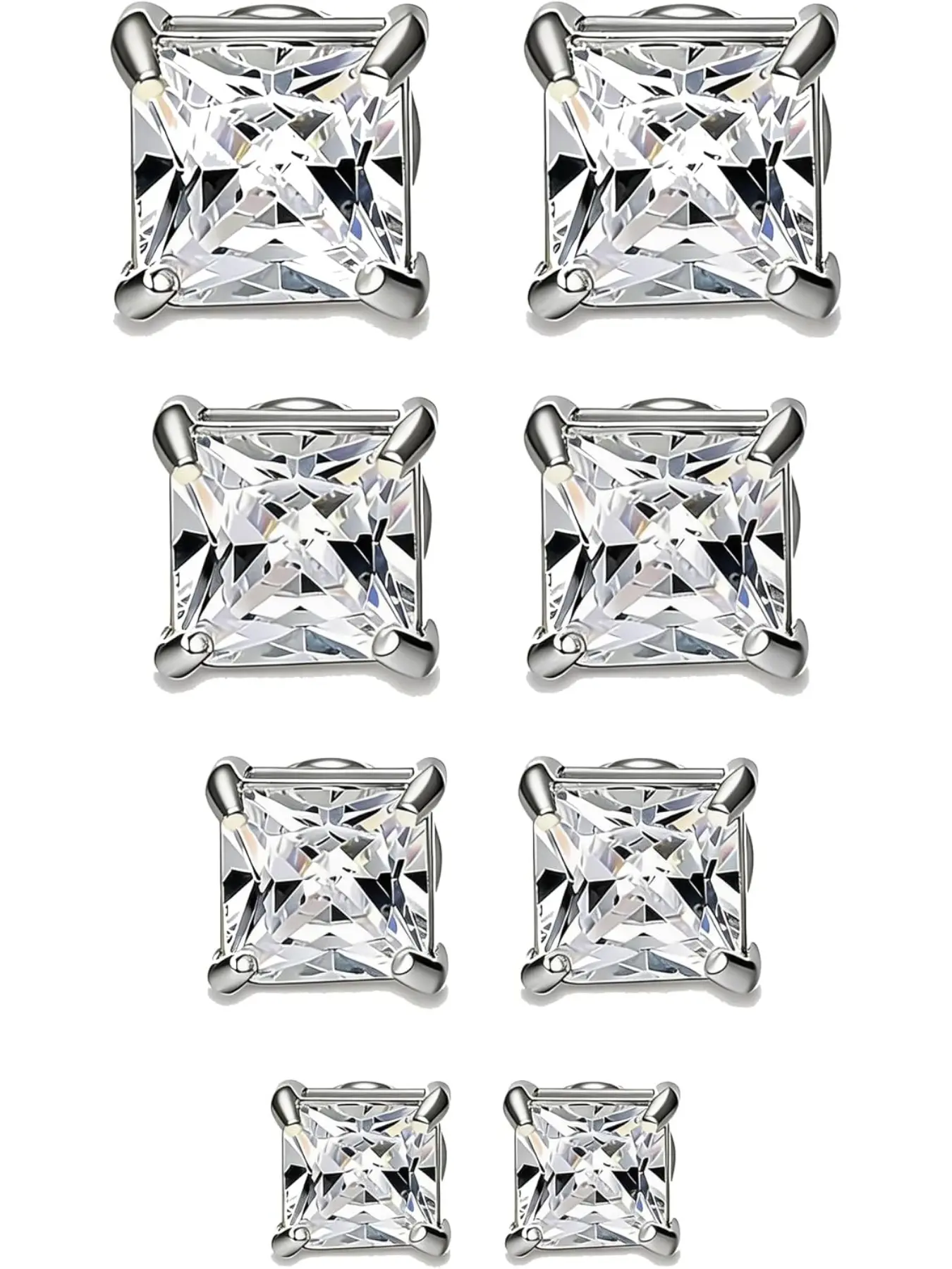 4-7mm Magnetic Earrings for Men Women, Silver Color, Square Cubic Zirconia, Sparkling Zirconia, Non-Pierced, Hypoallergenic, Stainless Steel，Acupressure Patch, Earrings Jewelry
