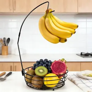 Fruit Basket for Kitchen Counter - Fruit Bowl with Banana Hanger, Rust-Proof Metal Frutero Produce Fruit Holder for Kitchen