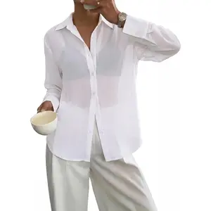 Women's Sheer Button Up Blouse See Through Tops Sexy Button Down Shirt Beach Cover Up