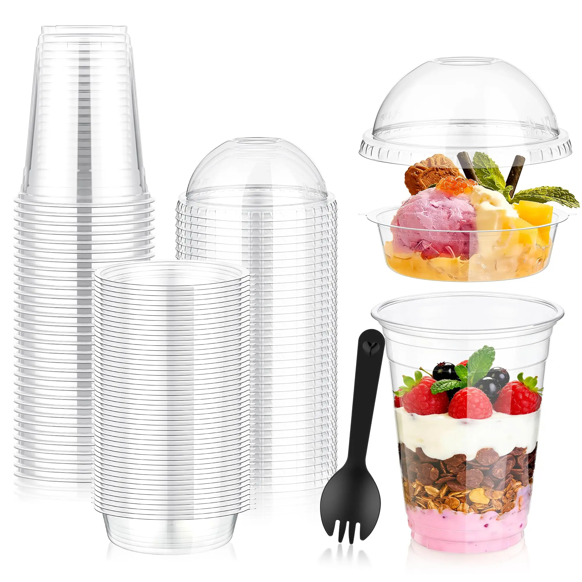 50PCS 12oz Disposable Parfait Cups with Insert & Dome Lids & Spoons – Yogurt Containers with Lid for Snacks, Dips and Veggies, Breakfast, Dessert Cups with Lids Birthday Holiday Party