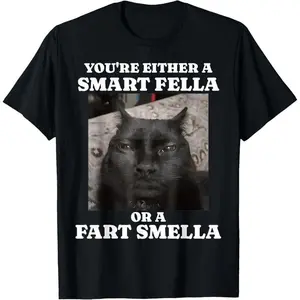 Men's Soft Sports Top - Casual Cotton Round Neck Loose Short-Sleeve T-Shirt with "You're Either a Smart Fella or a Fart Smella" Funny Cat Meme Print, Meme Shirts for Daily Wear,summervibes