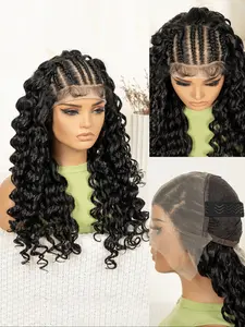13X6 HD lace front half braid curly wig synthetic half cornrow half curly wig with BabyHair pre-styled braid wig suitable for all skin colors, multi-scene wear, fashionable and natural look, a must-have for beauty lovers, Synthetic curly wigs