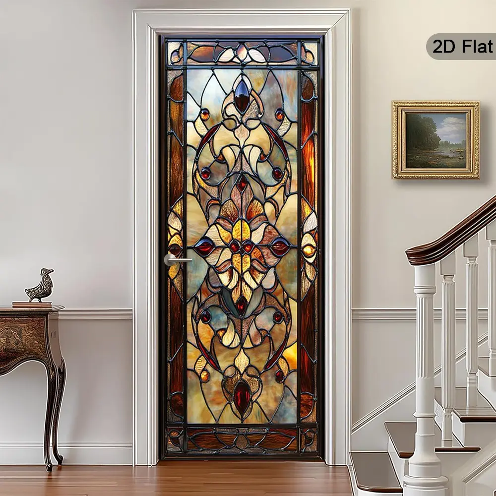 2D Flat Colorful Glass Door Stickers, Wall Art Stickers, Interior Stickers, Gothic Modern Design, Retro Self-Adhesive Decorative Wall Decor, Adhesive Decals, Elegant Home Decoration for Bedroom, Living Room, Office