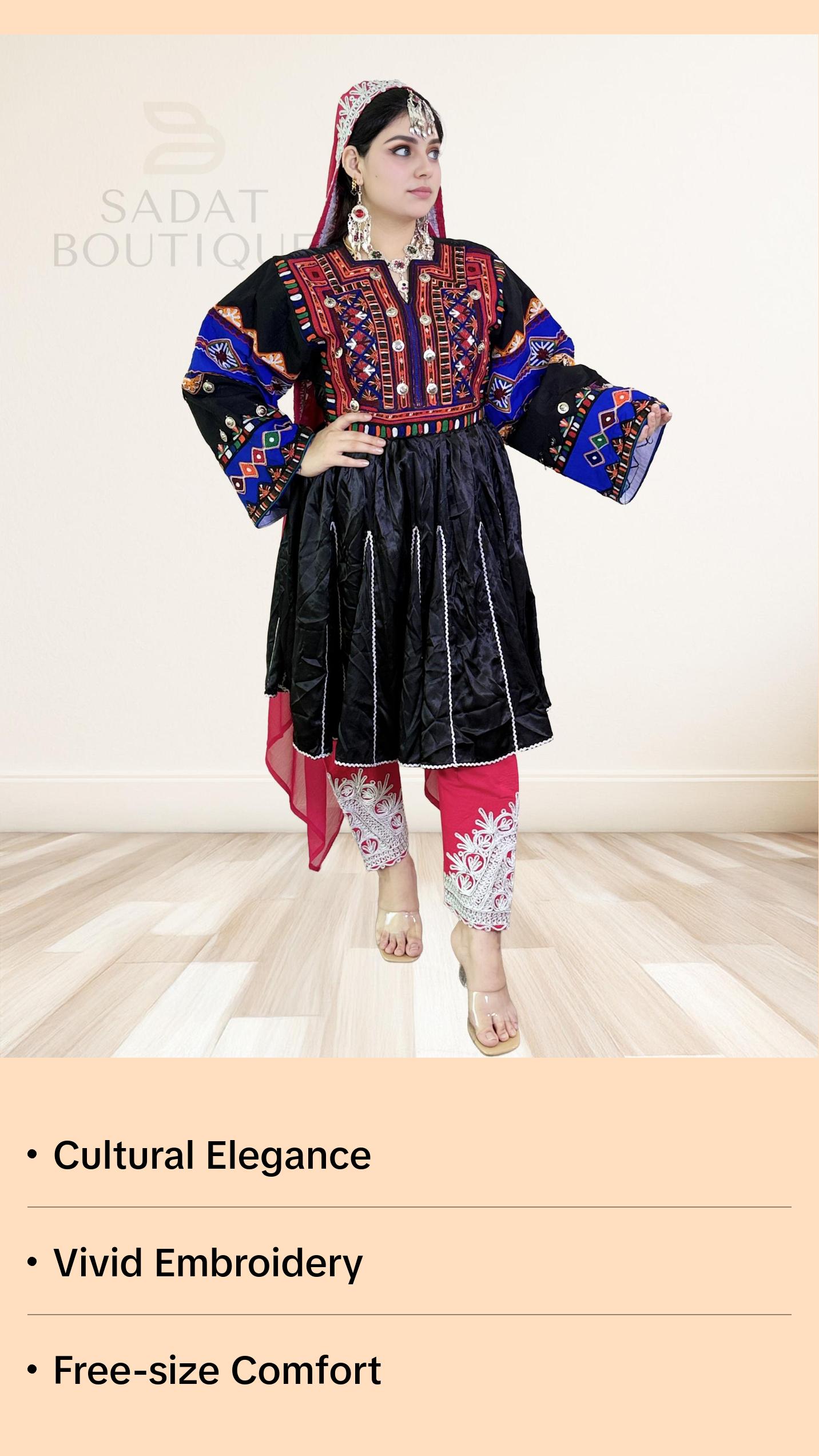 Title: Black Afghan Dress with Royal Embroidery & Pink Scarf Se