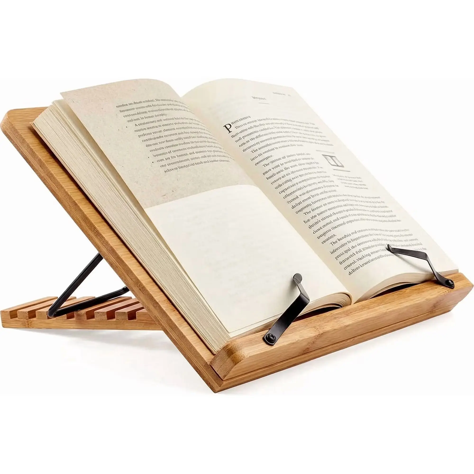 Large Bamboo Book Stand, 11'' x 8'' Portable Stable Adjustable Height Reading Book Holder for Cookbook, Sheet Music, Bible, Textbook and Tablet