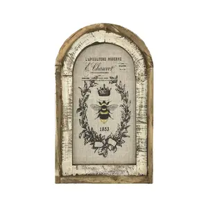 Bee Farmhouse Wall Art - French Farmhouse Design with Arch Window Frame, Linen Wall Hanging, Bee Farmhouse Decor