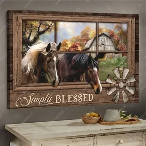 Simply Blessed Horse Canvas Wall Art (1.5 in frame) Ready To Hang, Rustic Barn & Windmill Wall Decor, Vintage Farmhouse Horse & Barn Canvas Print, Rustic Country Home Decor, Window View Horse Lovers Gift