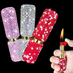 (Butane Not Included) Luxury Bling Rhinestone Lipstick Lighter,  Soft Flame Refillable Butane Lighters with Adjust Flame Tool, Cool Lighters for Women,Girls, Ladys,Birthday,Anniversary