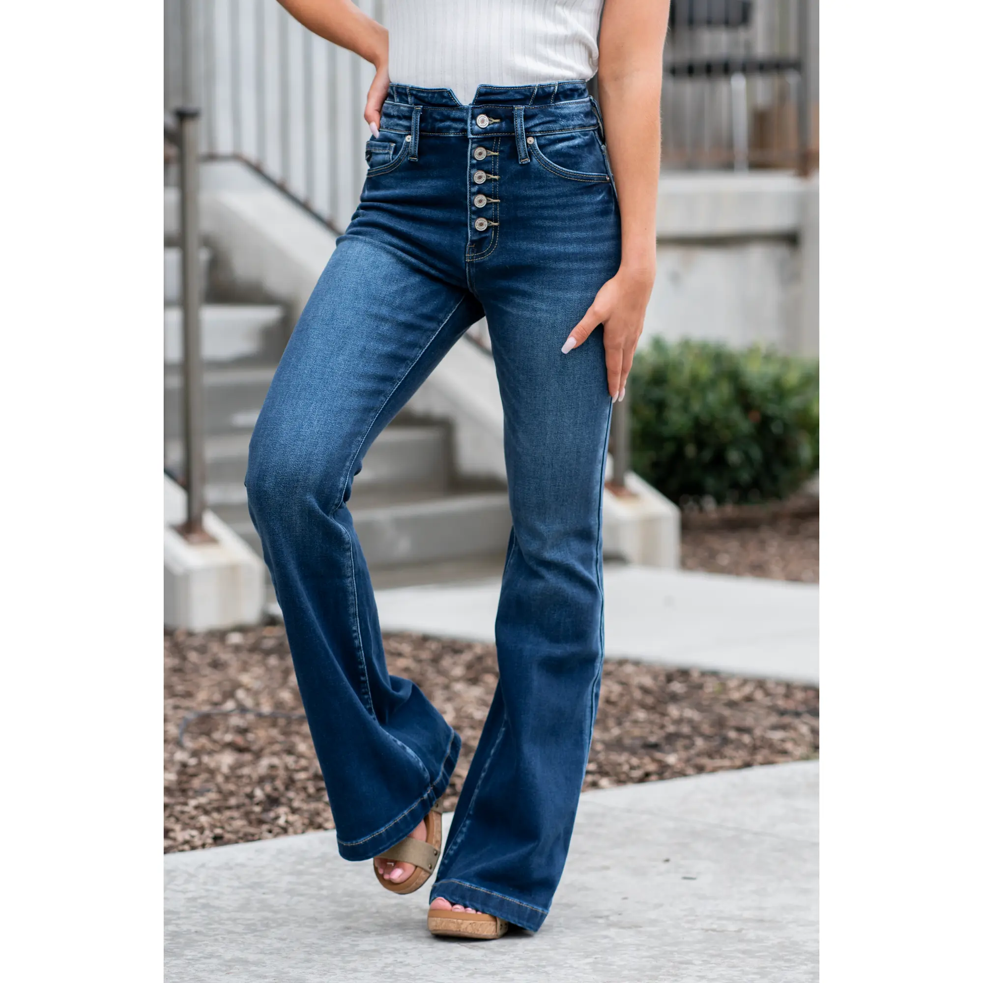 Women's KanCan Jolene High-Rise Curvy Exposed Button Fly Flare Jeans - Dark Blue Wash, Curved Leg, Multi-Size, Cotton-Denim with Elastane, Women's Bottoms
