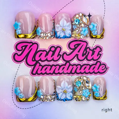 Delicatething Y2K Style Nail Set, Handmade Square Nails with Blue Flowers, Gold French Design, Perfect Gift for Women, Includes Jelly Glue, Diy Nails Art, Nail Art, Nail Art Kit, Decorative Nails