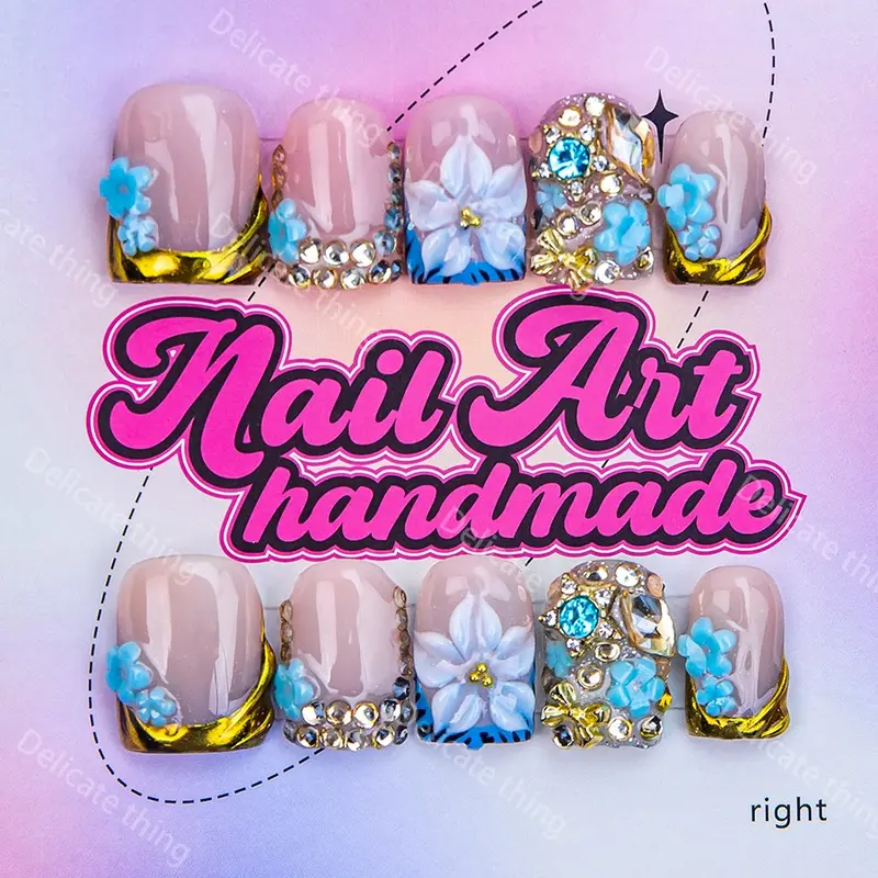 Delicatething Y2K Style Nail Set, Handmade Square Nails with Blue Flowers, Gold French Design, Perfect Gift for Women, Includes Jelly Glue, Diy Nails Art, Nail Art, Nail Art Kit, Decorative Nails