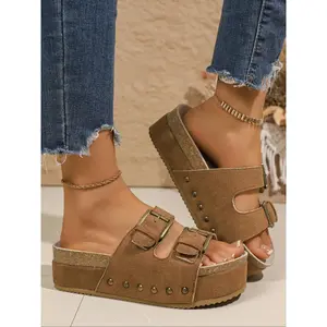 Women's Fashionable Plain Color Platform Sandals, Casual Trendy Sandals, Casual Comfortable Slide Sandals for Summer, Lightweight Design Slides for Beach & Travel, Walking Shoes