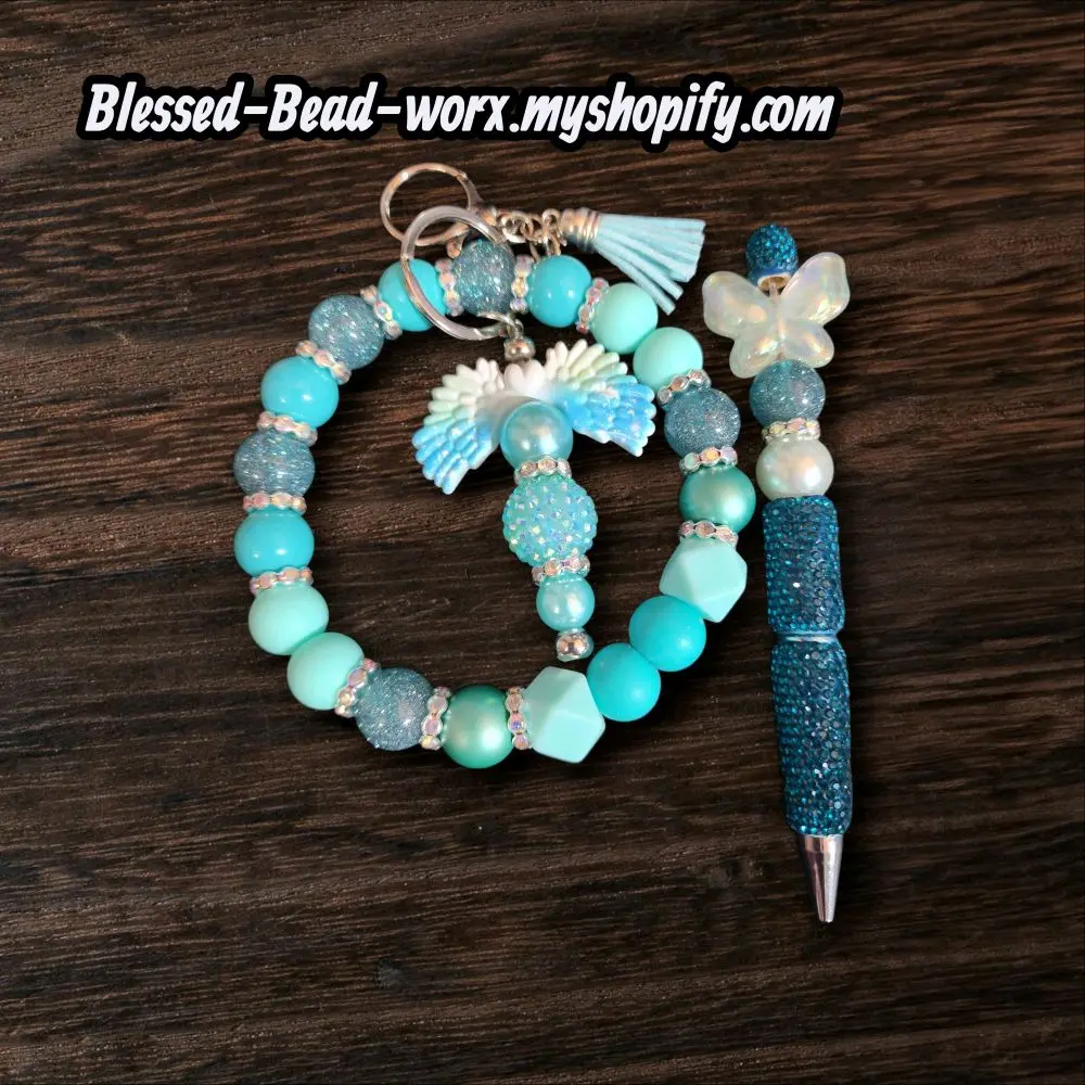 Blessed-Bead-worx.myshopify.com Beautiful and Elegant Keychain with Turquoise Beads and Glitter Pen