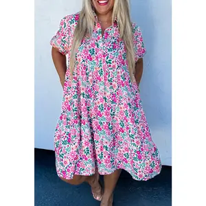Pink Plus Size Floral Half Button Short Puff Sleeve A-line Dress