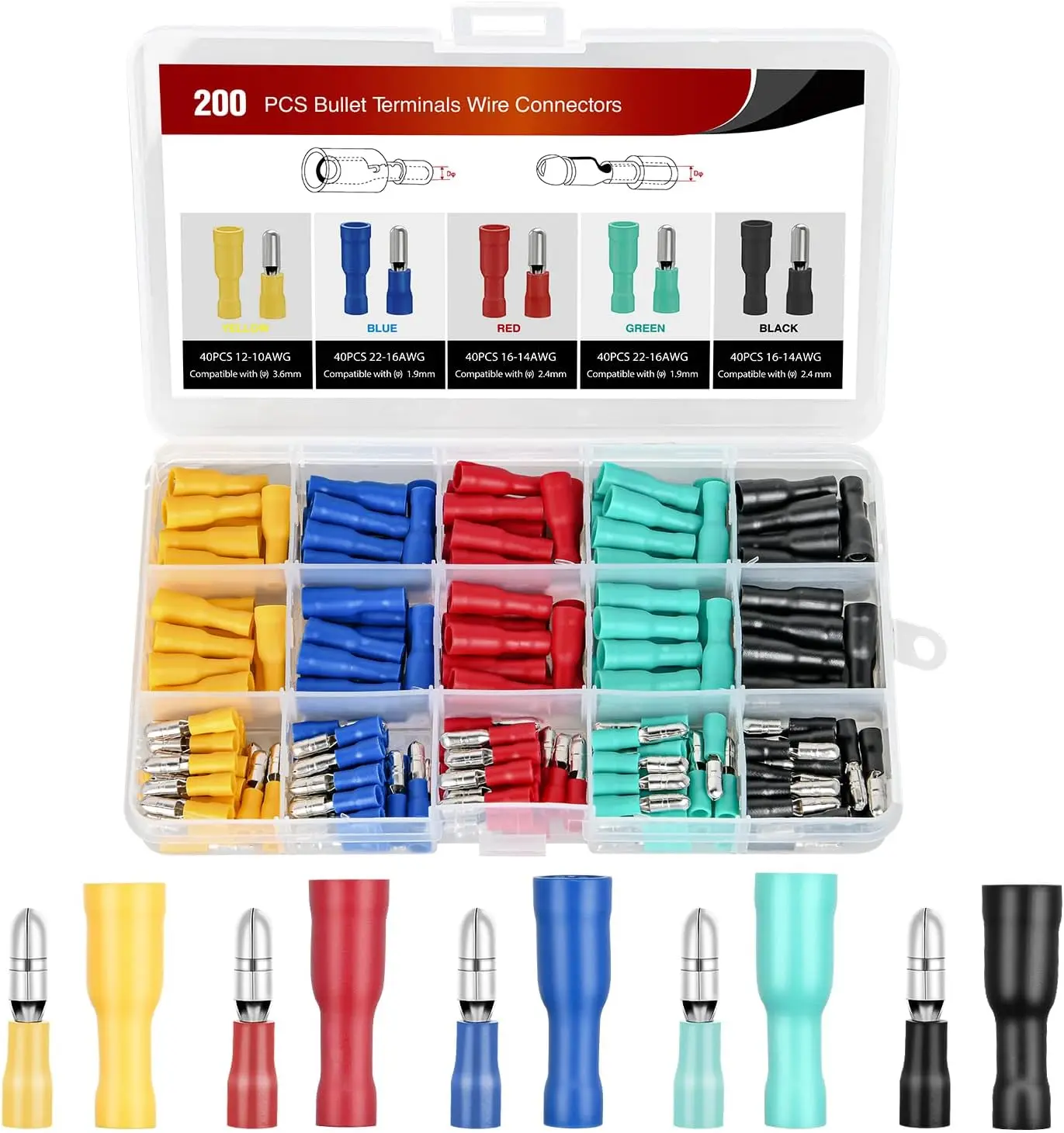 Nilight 200PCS Durable Reliable Brass Tin Bullet Wire Connectors Kit, AWG 22-14 Insulated Waterproof Female & Male Butt Terminals, Marine-Safe Easy-Install for Automotive Use (Boxed), Durable Reliable Connectors