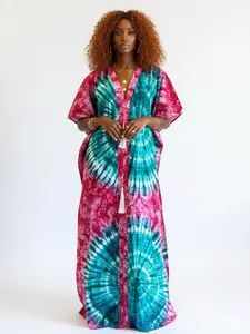 African Makeba Dress Kampala Handmade Dye Comfortable 54inches One Size Women's Casual Everyday Wear Crewneck Style Fashionable Summer Outfit Machine Washable Breathable Vneck - Womenswear