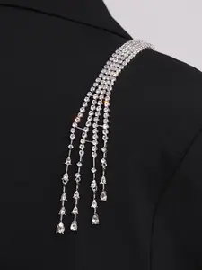 One rhinestone long tassel brooch, teardrop fully embellished shoulder pin—elegant, luxurious suit/coat accessory