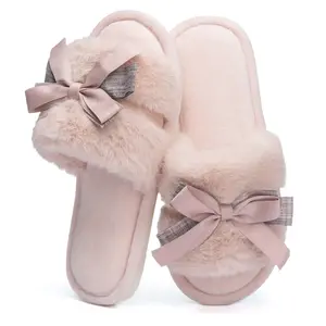Cute Bow Slippers for Women with Memory Foam Open Toe Fuzzy House Slippers Indoor Outdoor Anti-Skid Soft Birthday Gifts for Women Mom