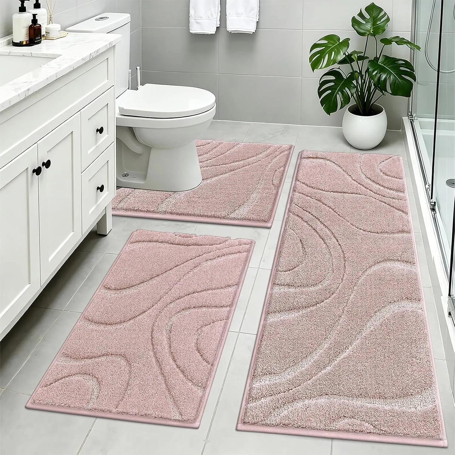 [FamilyFun] HEBE Washable Bath Mat Set of 3 Piece Bathroom Shower Rugs with U-Shaped Contour Toilet Mat Absorbent Microfiber Plush Bath Mats Non Slip Bath Rugs Machine Washable Shaggy Bath Mat Set
