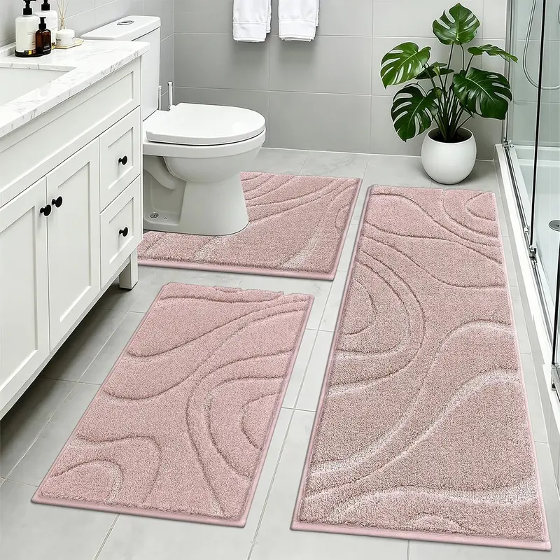 [FamilyFun] HEBE Washable Bath Mat Set of 3 Piece Bathroom Shower Rugs with U-Shaped Contour Toilet Mat Absorbent Microfiber Plush Bath Mats Non Slip Bath Rugs Machine Washable Shaggy Bath Mat Set