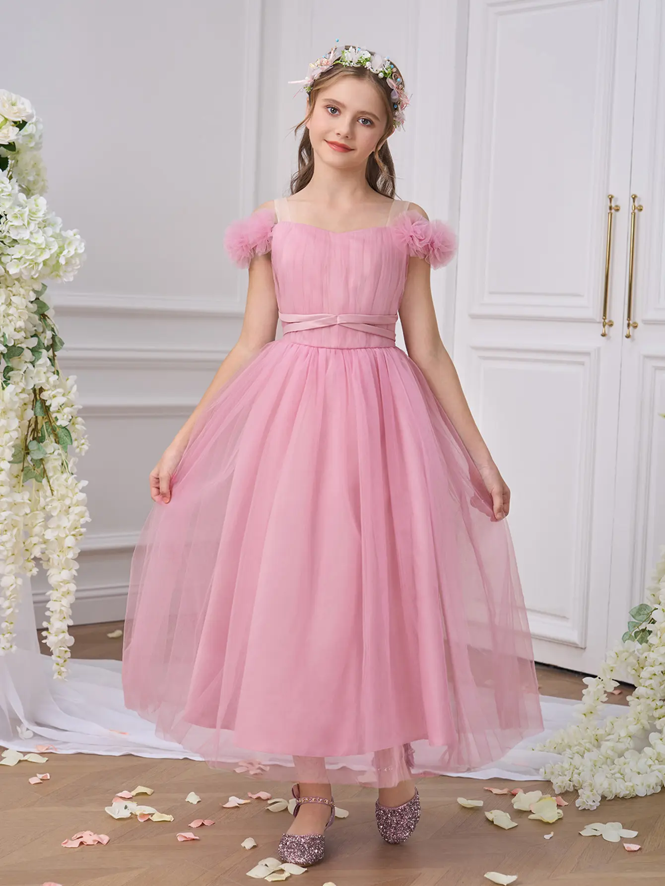 0065 Tween Girls Fluffy Tulle Wedding Party Pageant Prom Flower Girl Dress Elegant Graduation Bridesmaid Formal Birthday Gown Oneshoulder Princess Pageant