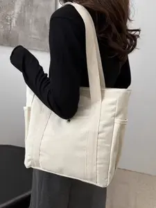 Simple Canvas Tote Bag with Pockets, Large Capacity Daily Commute Shoulder Bag, Casual Office Shopping Bag, Reusable Grocery Bag, Trendy Commuter Bag