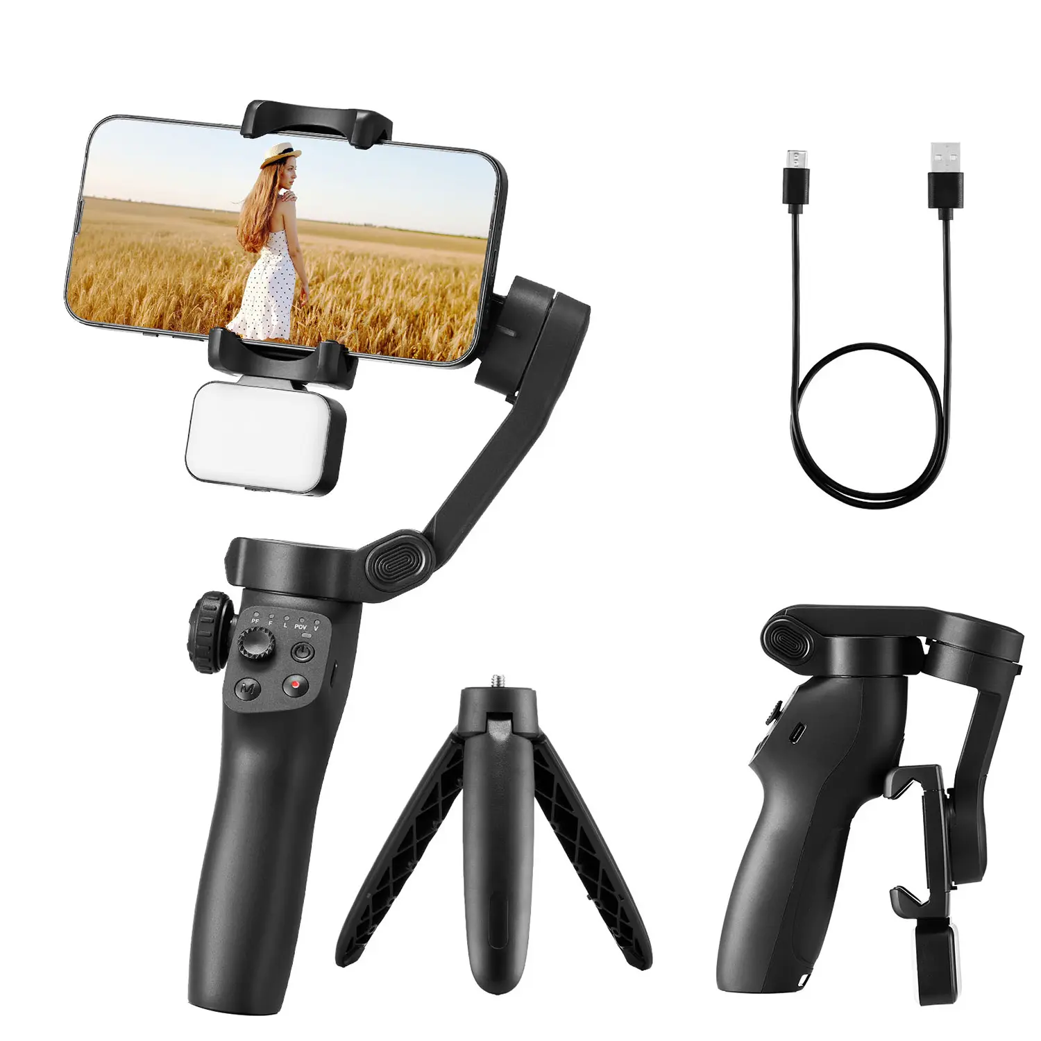 VEVOR Handheld Foldable 3-Axis Smartphone Gimbal Stabilizer, Magnetic Fill Light, Face Tracking, Gesture Control for Android & iPhone Video Recording Vlogging, Accessories