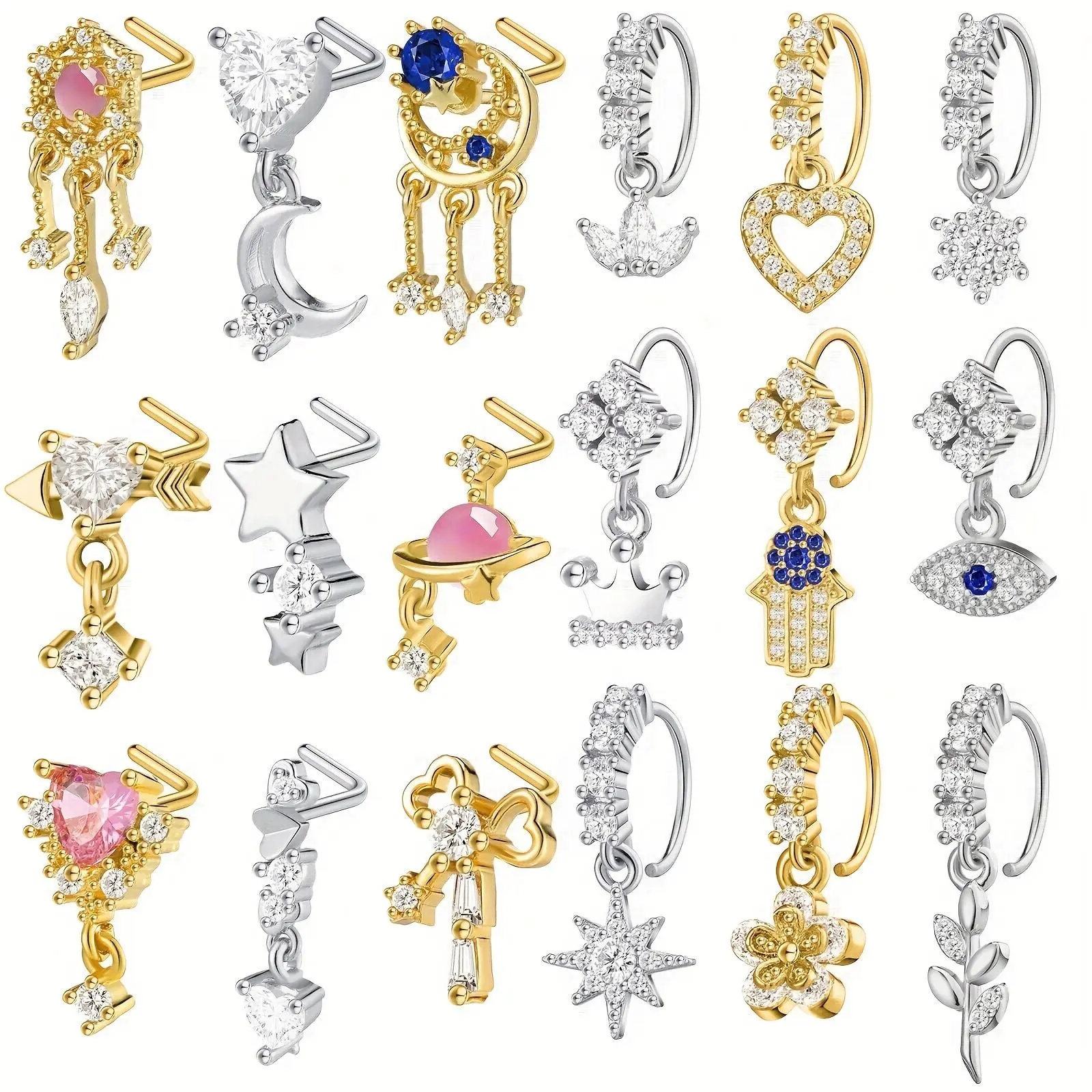 18PCS 20g Dangle Nose Rings Studs Women L Shaped Dangling Stud Hoop Nose Piercing Jewelry Heart Star Rings (Golden, Silvery) Titanium Nose Hoops Ghost Face Chain Ear Gauge Tunnels Septum Clicker