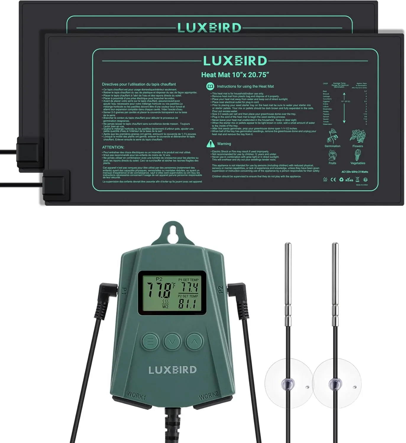 LUXBIRD Heavy-Duty Plastic Heating Mat & Digital Thermostat Controller Combo Set for Indoor Gardening - 2x10x20.75in Mats, 2 Probes, IP67 Waterproof, Auto Temp Control, Temp Alarm, Even Heat Distribution, Prolongs Service Life (Mother's Day Gift)