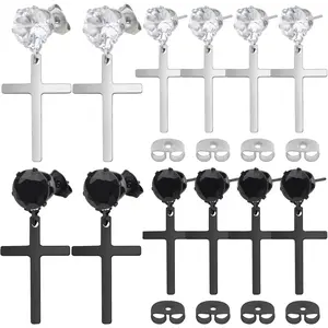 12pcs Hypoallergenic Cubic Zirconia Cross Stud Earrings Stainless Steel Dangle Earrings Rhinestone Cross Drop Charms Hoop Earrings for Women Men Earrings Making, 2 Colors