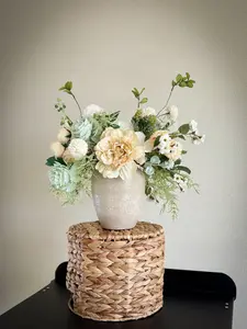 Luxury Faux Peony and Mint Green Arrangement in Textured Vase, Elegant Farmhouse Table Centerpiece