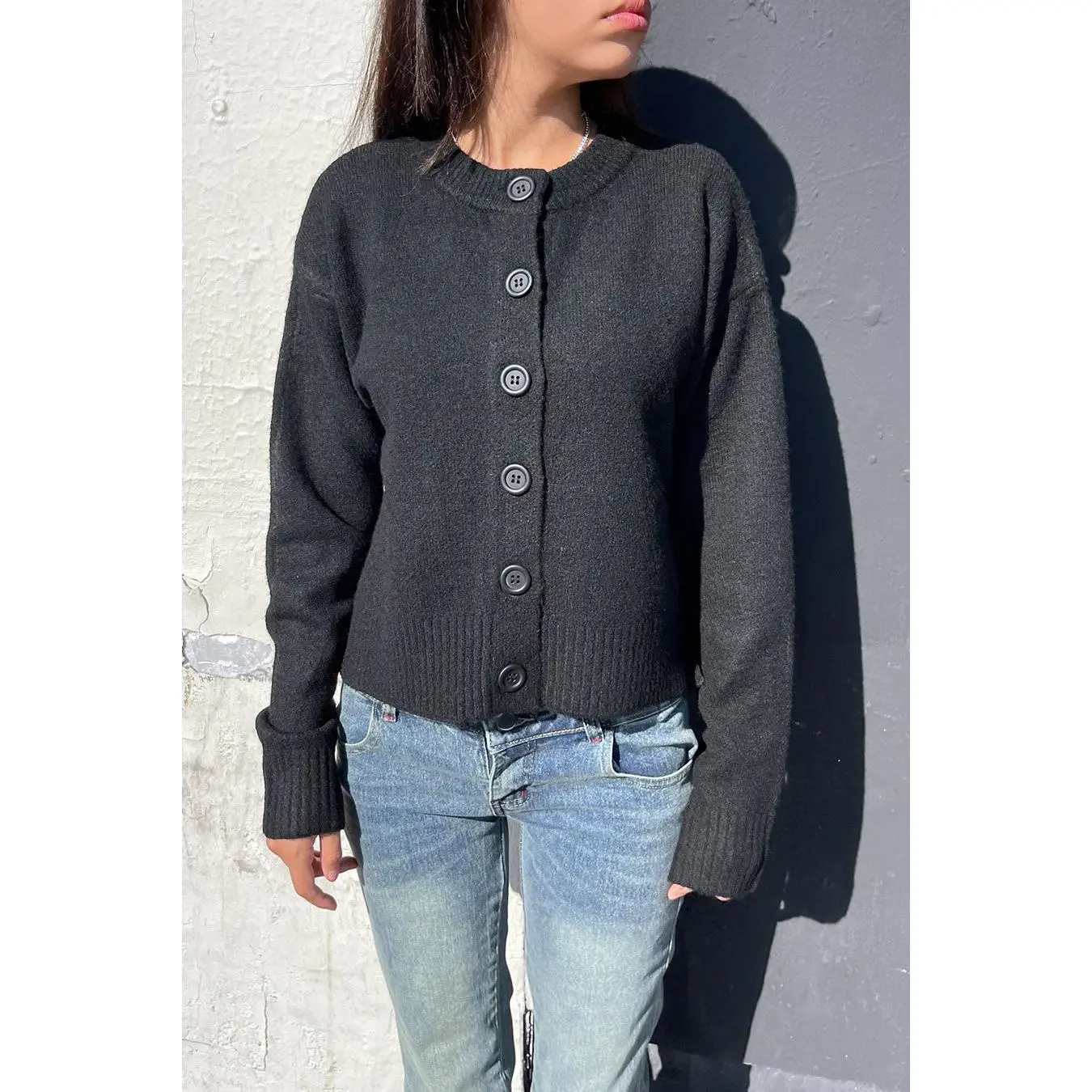 Crew Neck Button-Front Sweater Cardigan with Side Slit