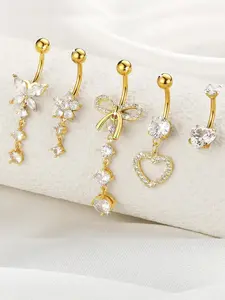 Cubic Zirconia Belly Ring Pendant, Cute Heart Bow Flower Design, Stainless Steel Silver Color, 14g Navel Piercing Jewelry for Women