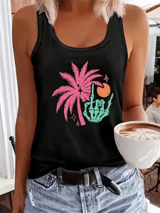Women's Cartoon Skull & Tropical Palm Tree Print Sports Tank Top, Casual Sleeveless Round Neck Top for Daily Wear, Ladies Sportswear for All Seasons