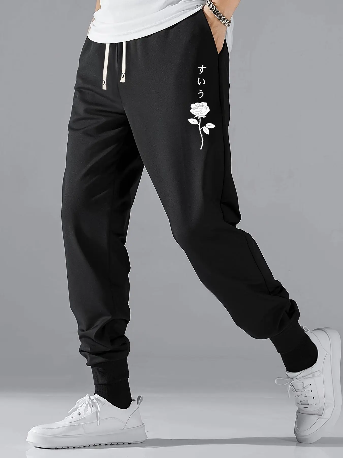 Men's Rose Print Pocket Drawstring Waist Sweatpants, Casual Soft Comfort Regular Fit Floral Print Elastic Waist Jogger Pants For Gym, Men's Spring & F